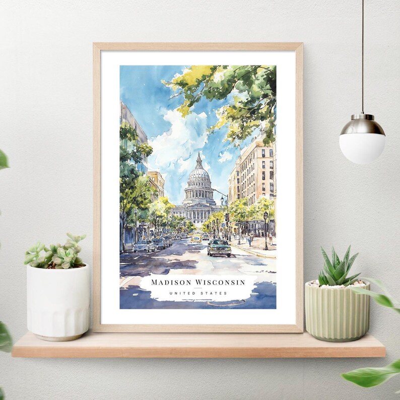 Madison WI Watercolor Art Print - Madison Capitol Building Wall Art - USA Travel Print - Travel Gift - Moving Gift - New Home Gift image 2