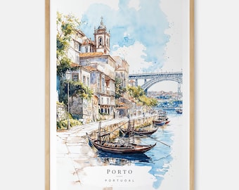 Porto Douro River Watercolor Art Print - Porto Travel Print - Portugal Travel Wall Art - Travel Gift - Moving Gift - New Home Gift