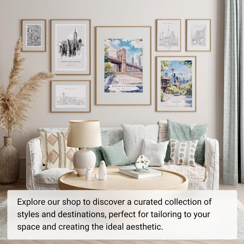 a living room with a lot of pictures on the wall