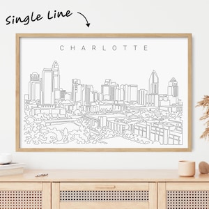 Framed Charlotte NC Skyline Wall Art - Charlotte NC Art Print with Skyline One Line Drawing - North Carolina Wall Art - North Carolina Gifts