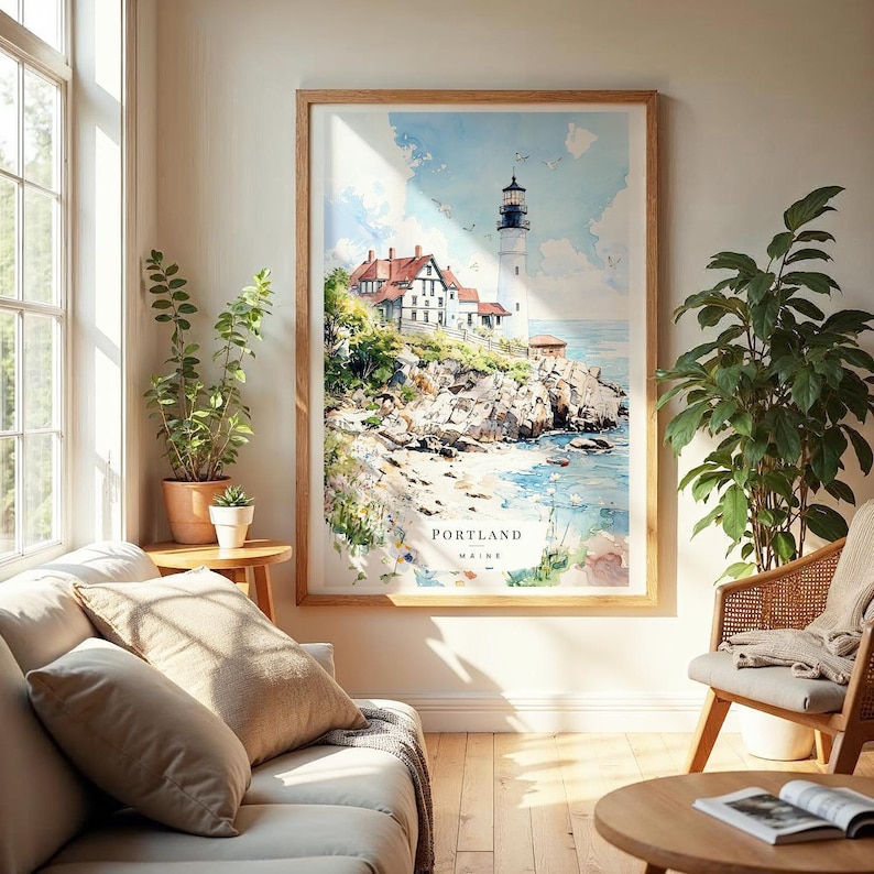 Portland Maine Art Print, Watercolor Lighthouse Art, Coastal Wall Decor, Gift for Travelers, Maine Home Decor, Beach House Print image 5