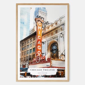 Stampa artistica ad acquerello del teatro di Chicago - Arte murale della città di Chicago - Stampa di viaggio negli Stati Uniti - Regalo di viaggio - Regalo di trasloco - Regalo per la nuova casa