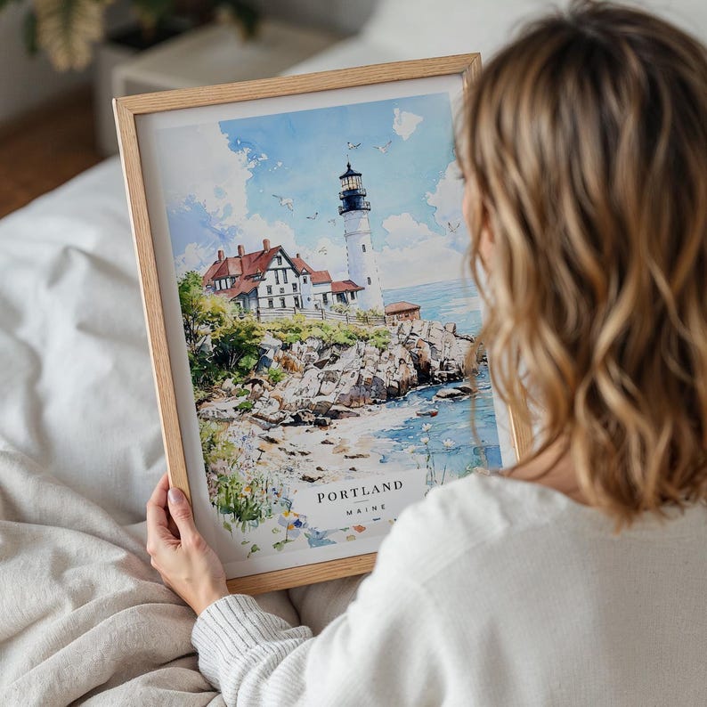 Portland Maine Art Print, Watercolor Lighthouse Art, Coastal Wall Decor, Gift for Travelers, Maine Home Decor, Beach House Print image 6