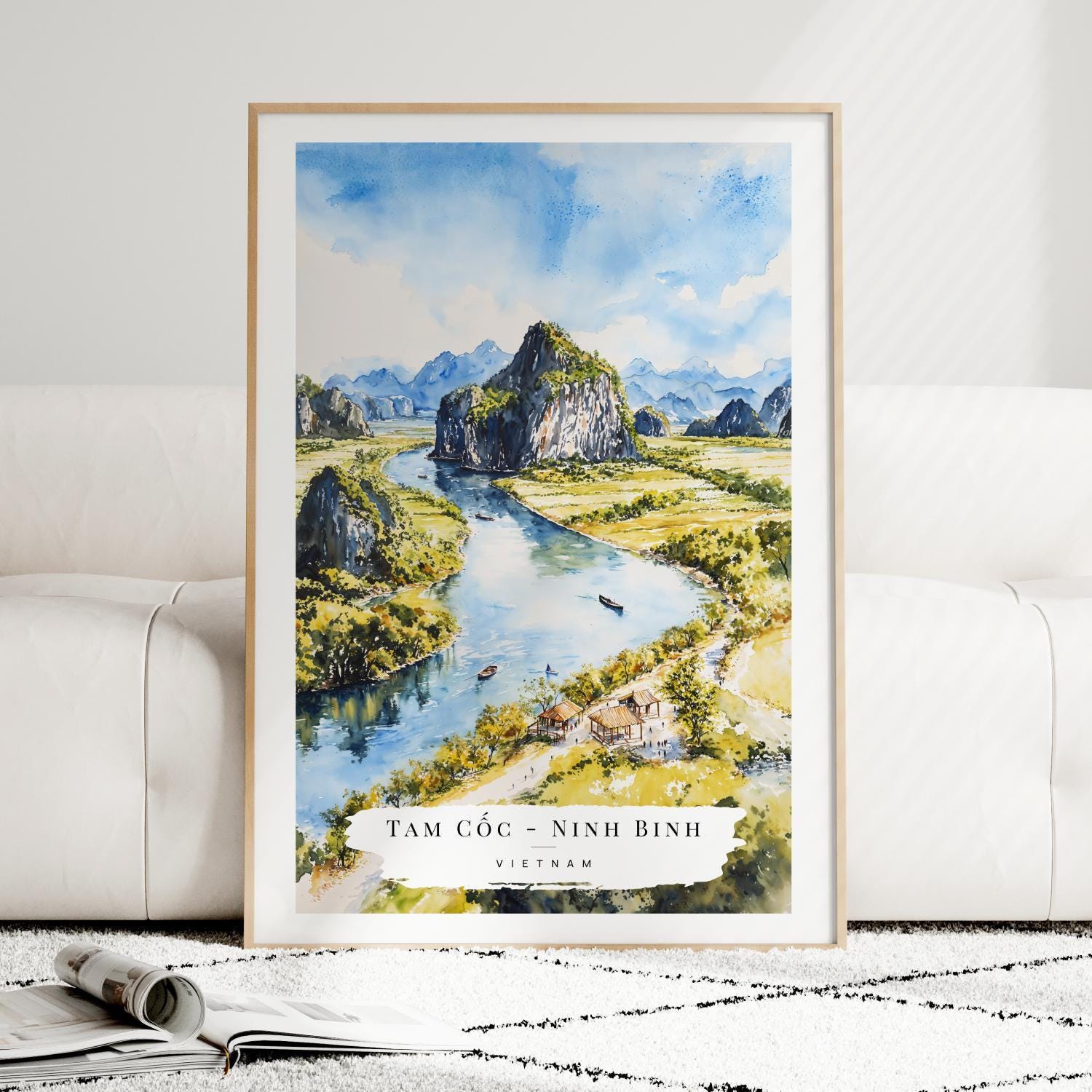 Tam Cốc Ninh Binh Vietnam Watercolor Art Print - Vietnam Wall Art