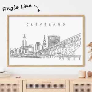 Framed Cleveland Skyline Poster - Aesthetic Cleveland Wall Art - Cleveland Ohio Art Print with One Line Drawing - Cleveland Wall Decor Gift