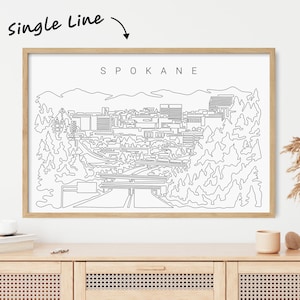 Framed Spokane Skyline Wall Art - Spokane Washington Art Print with Single Line Art- Framed Spokane Poster - Spokane Wall Decor Gift