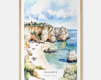 Algarve Beach Watercolor Art Print - Portuguese Coastal Wall Art - Portugal Travel Gift - Moving Gift - New Home Gift