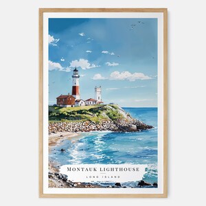 Stampa ad acquerello del faro di Montauk, arte di Long Island, decorazione da parete per case sulla spiaggia, stampa costiera, regalo nautico, arte da parete con faro