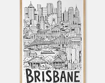 Brisbane Pencil-Style Art Print: Story Bridge, Ferris Wheel and River Ferry Wall Decor