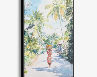 Jamaica Watercolor Canvas Print: Tropical Village Scene with Palm Trees