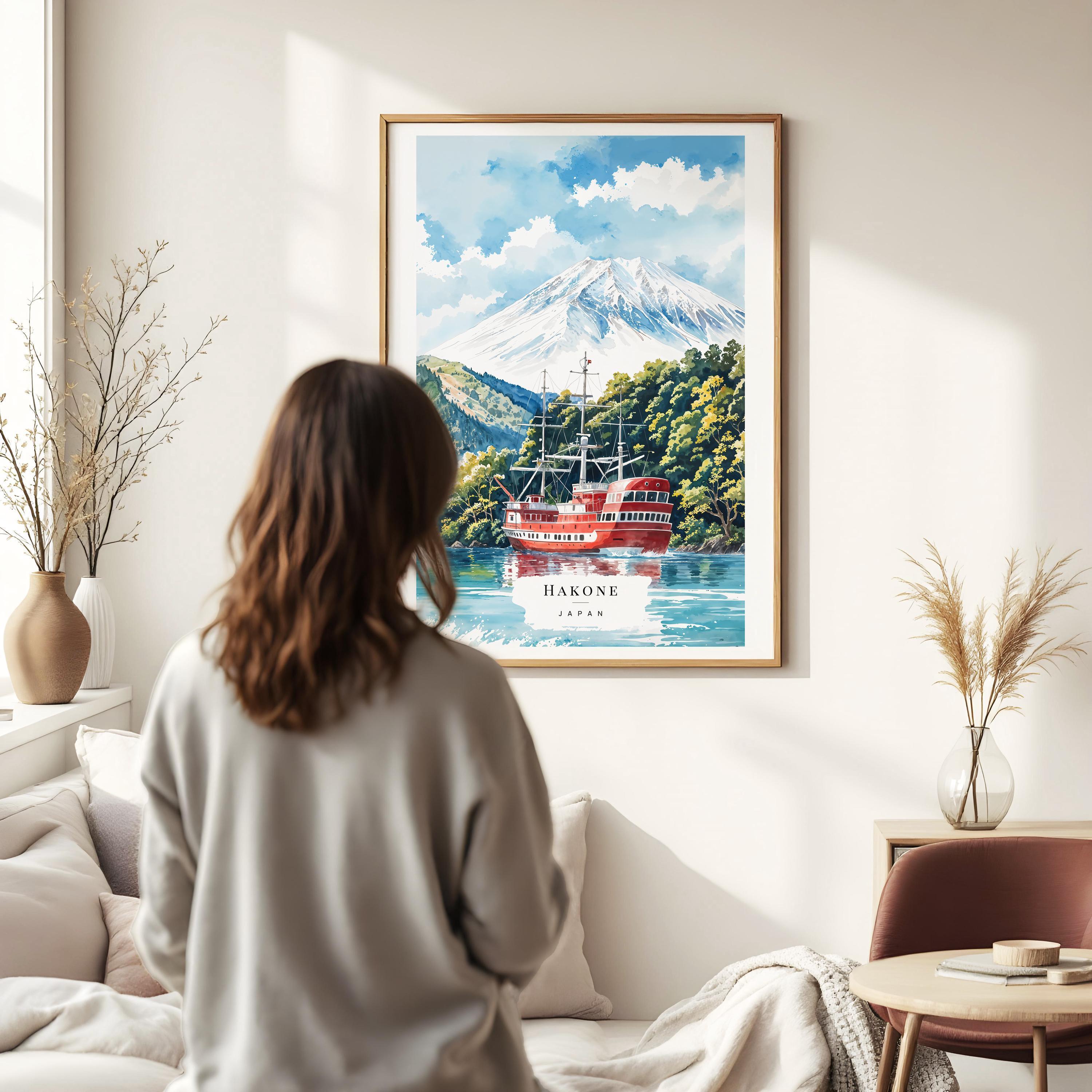 富士山と象徴的な海賊船を描いた箱根の水彩画アートプリント - 日本
