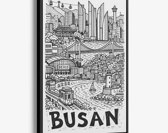 Busan Pencil-Style Canvas Print: Observation Tower, Seaside Tram and Hillside Houses Wall Decor