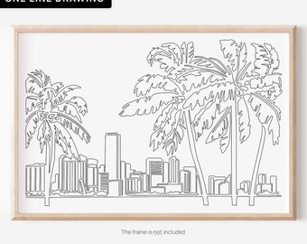 Affiche de Miami en Floride - Impression d'art de Miami avec Skyline comme dessin au trait unique - Grand cadeau d'art mural de Floride pour une nouvelle maison ou un nouvel emploi