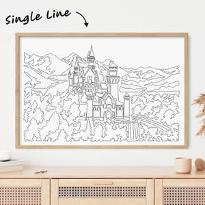 Framed Neuschwanstein Poster - Neuschwanstein Castle Wall Art with One Line Drawing - Great Bavarian Wall Decor Gift with Fairytale Castle