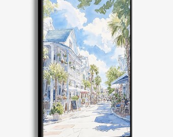 Key West Florida Canvas Print: Coastal Watercolor Street Scene Wall Art