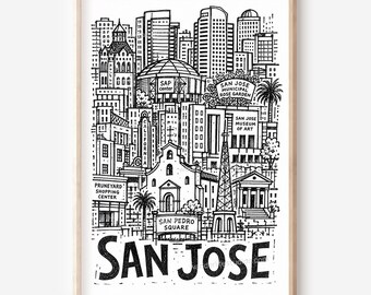San Jose City Skyline Printable Art: Pencil Sketch Digital Download