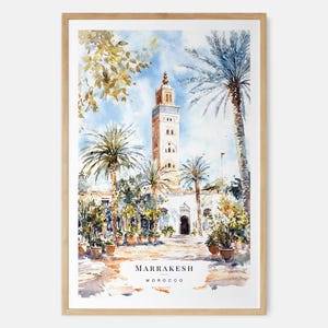 Stampa artistica ad acquerello di Marrakech - Arte murale della moschea Kutubiyya - Regalo di viaggio in Marocco - Regalo di trasloco - Regalo per una nuova casa - Regalo di inaugurazione della casa