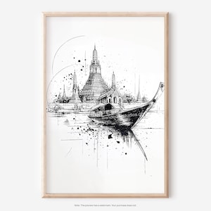 May include: Black and white ink drawing of a Thai temple complex with a longboat on the water. The artwork features detailed architectural elements and the text "wanderlustudios.com". The image is framed in a light wood frame.