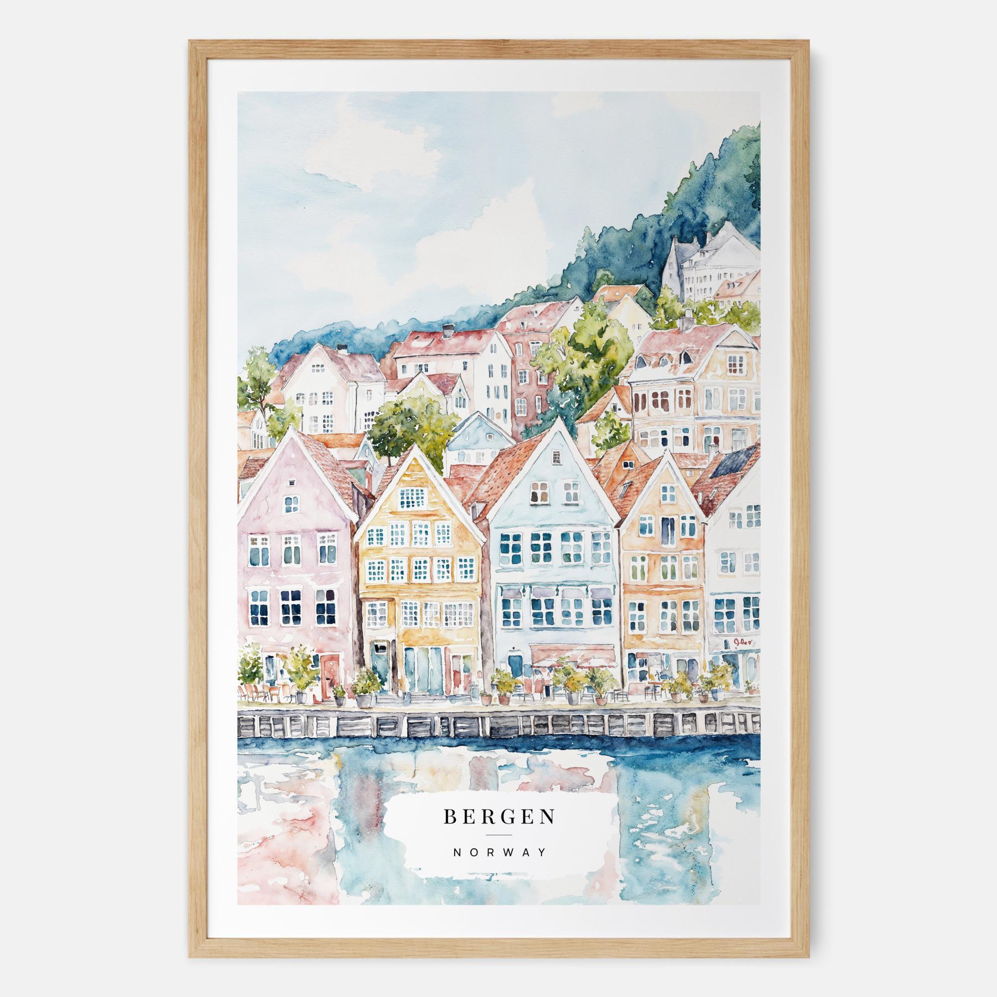 Cozy Bergen Norway Watercolor Art Print - Charming Scandinavian