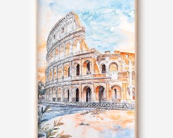 Puede incluir: Pintura a la acuarela del Coliseo en Roma, Italia, sobre un cielo azul y naranja. La obra presenta el icónico anfiteatro en tonos beige, naranja y blanco, enmarcado en madera clara. El estilo es artístico y detallado.