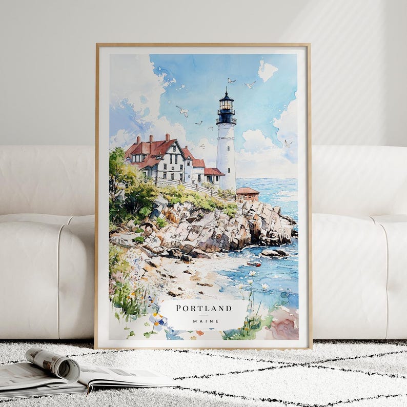 Portland Maine Art Print, Watercolor Lighthouse Art, Coastal Wall Decor, Gift for Travelers, Maine Home Decor, Beach House Print image 2