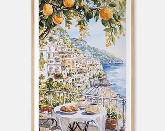 Morning coffee in Amalfi Coast Watercolor Art Print: Scenic Italian Coastal Landscape Wall Art