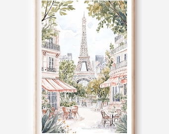 Paris Cafe Wall Art: Eiffel Tower Watercolor Digital Download for Home Decor