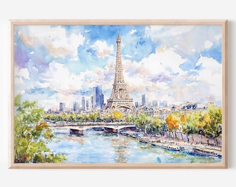 Eiffel Tower Digital Download Wall Art: Paris Watercolor Art Print