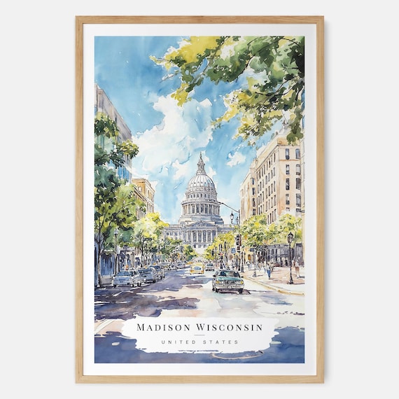 Madison WI Watercolor Art Print - Madison Capitol Building Wall Art - USA Travel Print - Travel Gift - Moving Gift - New Home Gift