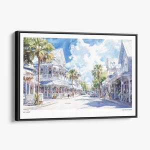 Key West Duval Street Canvas Print: Watercolor Coastal Scene Wall Art