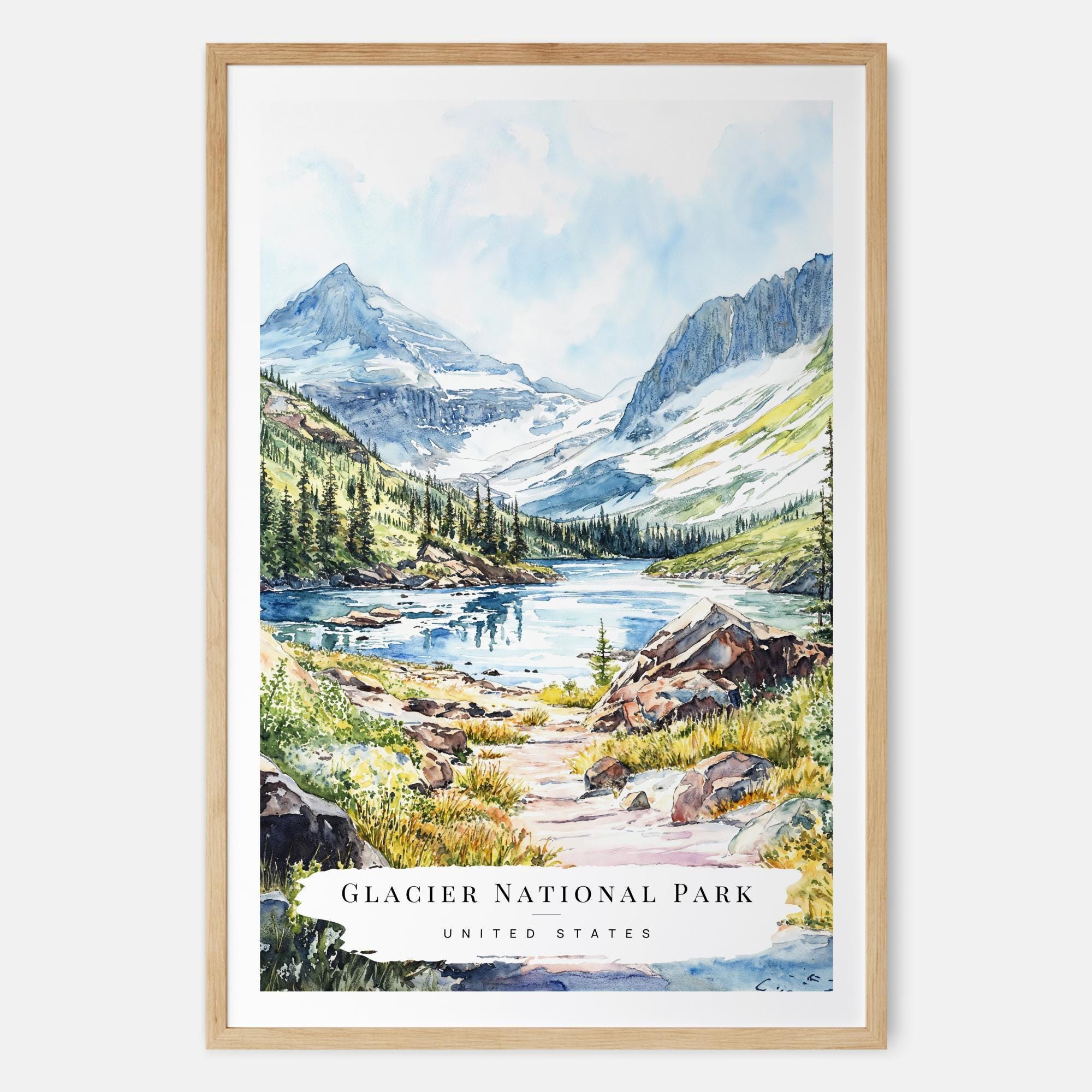 Glacier National Park Watercolor Art Print - National Park Wall Art ...