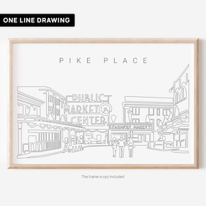 Pike Place Market Poster - Modern Seattle Art Print with Pike Place Market as Single Line Art  - Great Washington State Wall Decor Gift