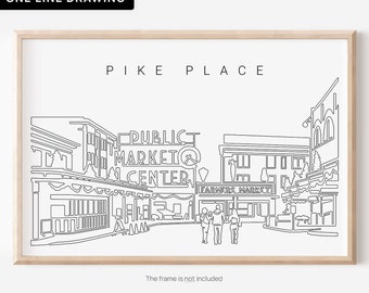 Pike Place Market Poster - Modern Seattle Art Print with Pike Place Market as Single Line Art  - Great Washington State Wall Decor Gift