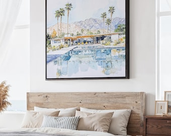 Palm Springs Square Canvas Print: Desert Oasis Landscape Art in Watercolor Style