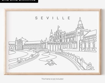 Seville Art Print - Seville Spain Poster with Plaza De Espana as unique One Line Drawing - Spain Wall Decor - New Home Gift