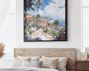 Madeira Portugal Square Canvas Print: Coastal Village Scene in Watercolor