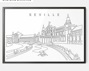 Framed Seville Spain Art Print - Seville Spain Wall Art with Plaza De Espana One Line Drawing - Spain Poster Wall Decor Gift - New Home Gift