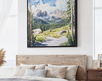 Colorado Rocky Mountains Canvas Print: Square Landscape Wall Art in Watercolor Style