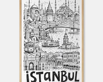 Istanbul Pencil-Style Art Print: Galata Tower, Hagia Sophia and Bosphorus Ferry Wall Decor