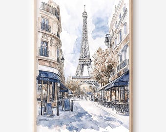 Eiffel Tower Digital Download Wall Art: Paris Watercolor Style Printable Art