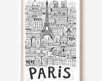 Illustration murale imprimable de Paris : croquis au crayon à télécharger