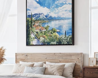Lake Garda Italy Canvas Print: Square Landscape Wall Art in Watercolor Style