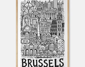 Brussels Pencil-Style Art Print: Atomium, Manneken Pis and Grand Place Wall Decor