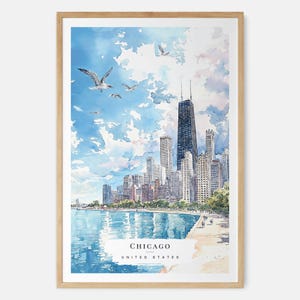 Stampa artistica acquerello Chicago Skyline - Chicago Cloud Gate Wall Art - Stampa di viaggio USA - Regalo di viaggio - Regalo di trasloco - Regalo per la nuova casa