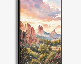Colorado Springs Watercolor Canvas Print: Scenic Mountain Landscape Wall Art