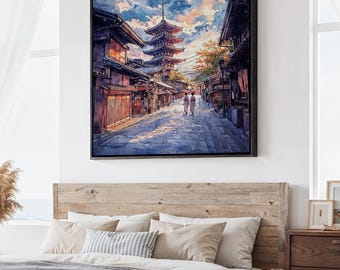Kyoto Square Canvas Print: Watercolor Streetscape Wall Art for Home Decor