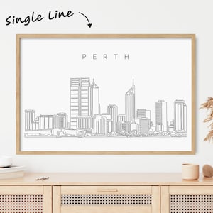 Framed Perth Skyline Art Print - Perth Australia Wall Art with Skyline One Line Drawing - Western Australia Wall Decor - New Home Gift