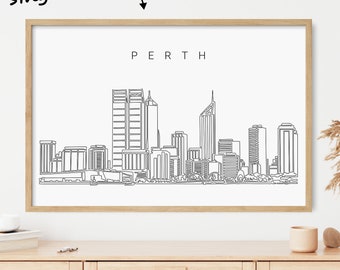 Impressão de arte emoldurada do horizonte de Perth - Arte de parede de Perth, Austrália, com desenho de uma linha do horizonte - Decoração de parede da Austrália Ocidental - Presente para casa nova