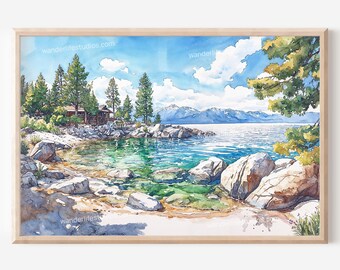 Lake Tahoe Wall Art: Watercolor Style Digital Download for Home Decor