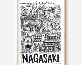 Nagasaki Pencil-Style Printable Wall Art: Chinatown Gate, Megane Bridge and Veranda House Digital Download